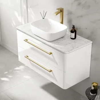 Omaha Gloss White Wall Hung Drawer Vanity with Marble Top & Curved Counter Top Basin 1000mm - Brushed Brass Accents