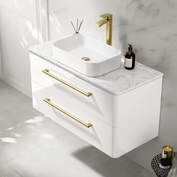 Omaha Gloss White Wall Hung Drawer Vanity with Marble Top & Marin Basin 1000mm - Brushed Brass Accents