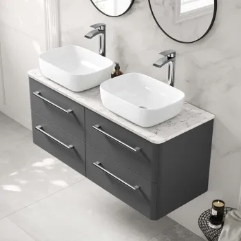 Omaha Slate Grey Wall Hung Drawer Vanity with Marble Top & Curved Counter Top Basin 1200mm