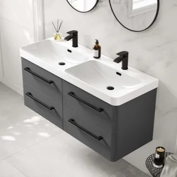 Omaha Slate Grey Wall Hung Double Basin Drawer Vanity 1200mm - Black Accents