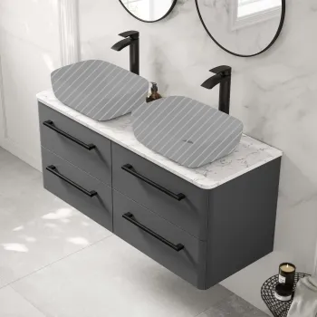Omaha Slate Grey Wall Hung Drawer Vanity with Marble Top 1200mm (Excludes Counter Top Basin) - Black Accents