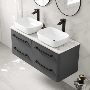 Omaha Slate Grey Wall Hung Drawer Vanity with Marble Top & Curved Counter Top Basin 1200mm - Black Accents
