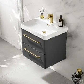Omaha Slate Grey Wall Hung Basin Drawer Vanity 600mm - Brushed Brass Accents
