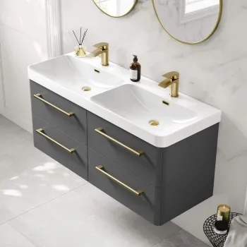 Omaha Slate Grey Wall Hung Double Basin Drawer Vanity 1200mm - Brushed Brass Accents