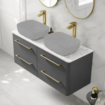 Omaha Slate Grey Wall Hung Drawer Vanity with Marble Top 1200mm (Excludes Counter Top Basin) - Brushed Brass Accents