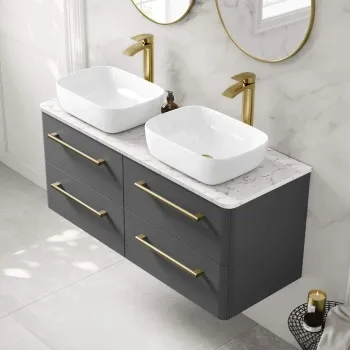 Omaha Slate Grey Wall Hung Drawer Vanity with Marble Top & Curved Counter Top Basin 1200mm - Brushed Brass Accents