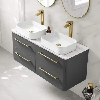 Omaha Slate Grey Wall Hung Drawer Vanity with Marble Top & Marin Basin 1200mm - Brushed Brass Accents