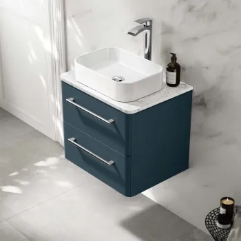 Omaha Navy Blue Wall Hung Drawer Vanity with Marble Top & Marin Basin 600mm