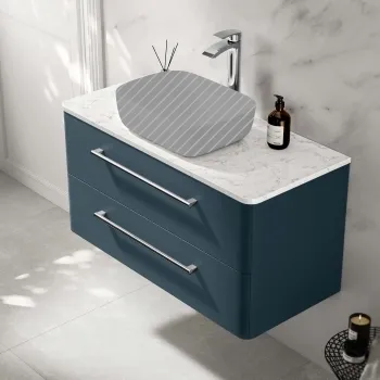 Omaha Navy Blue Wall Hung Drawer Vanity with Marble Top 1000mm - Excludes Counter Top Basin