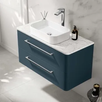 Omaha Navy Blue Wall Hung Drawer Vanity with Marble Top & Marin Basin 1000mm