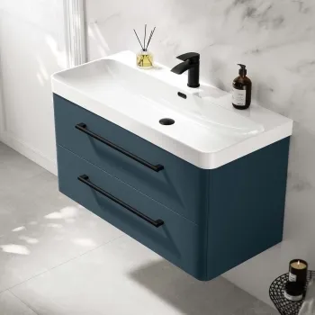 Omaha Navy Blue Wall Hung Basin Drawer Vanity 1000mm - Black Accents