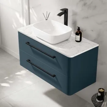 Omaha Navy Blue Wall Hung Drawer Vanity with Marble Top & Curved Counter Top Basin 1000mm - Black Accents