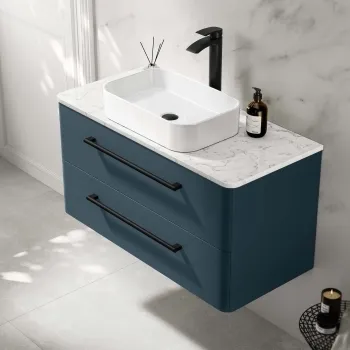 Omaha Navy Blue Wall Hung Drawer Vanity with Marble Top & Marin Basin 1000mm - Black Accents