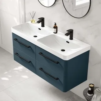 Omaha Navy Blue Wall Hung Double Basin Drawer Vanity 1200mm - Black Accents