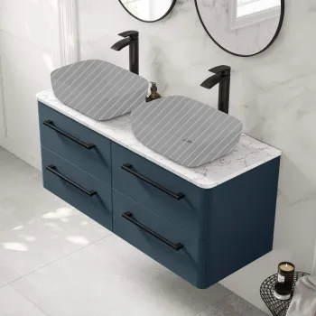 Omaha Navy Blue Wall Hung Drawer Vanity with Marble Top 1200mm (Excludes Counter Top Basin) - Black Accents