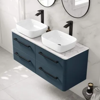 Omaha Navy Blue Wall Hung Drawer Vanity with Marble Top & Curved Counter Top Basin 1200mm - Black Accents
