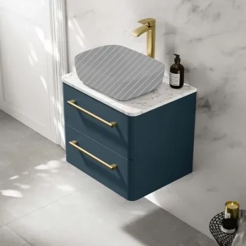 Omaha Navy Blue Wall Hung Drawer Vanity with Marble Top 600mm (Excludes Counter Top Basin) - Brushed Brass Accents