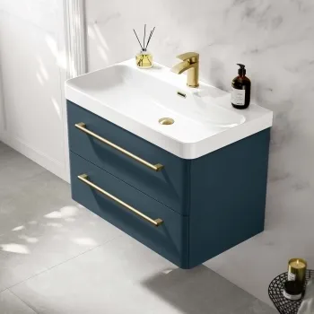 Omaha Navy Blue Wall Hung Basin Drawer Vanity 800mm - Brushed Brass Accents