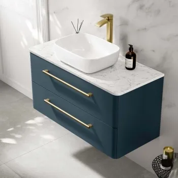 Omaha Navy Blue Wall Hung Drawer Vanity with Marble Top & Curved Counter Top Basin 1000mm - Brushed Brass Accents