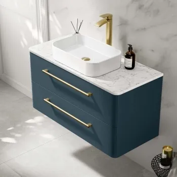 Omaha Navy Blue Wall Hung Drawer Vanity with Marble Top & Marin Basin 1000mm - Brushed Brass Accents