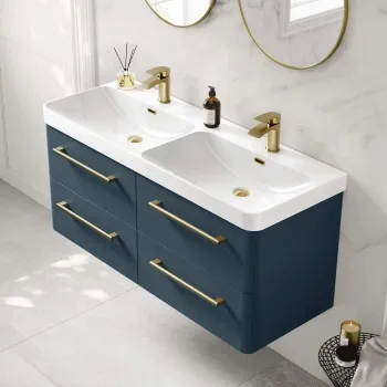 Omaha Navy Blue Wall Hung Double Basin Drawer Vanity 1200mm - Brushed Brass Accents