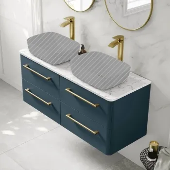 Omaha Navy Blue Wall Hung Drawer Vanity with Marble Top 1200mm (Excludes Counter Top Basin) - Brushed Brass Accents