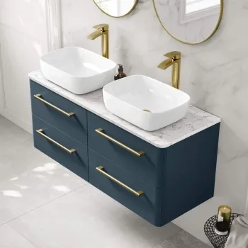 Omaha Navy Blue Wall Hung Drawer Vanity with Marble Top & Curved Counter Top Basin 1200mm - Brushed Brass Accents