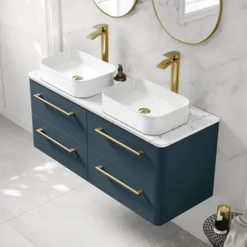 Omaha Navy Blue Wall Hung Drawer Vanity with Marble Top & Marin Basin 1200mm - Brushed Brass Accents