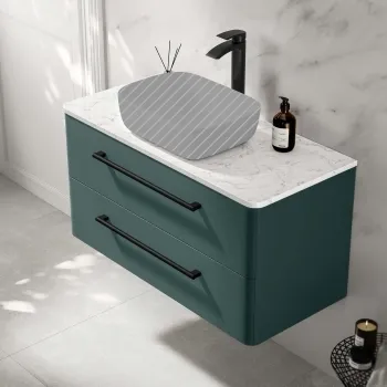 Omaha Mystic Green Wall Hung Drawer Vanity with Marble Top 1000mm (Excludes Counter Top Basin) - Black Accents