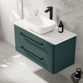 Omaha Mystic Green Wall Hung Drawer Vanity with Marble Top & Curved Counter Top Basin 1000mm - Black Accents