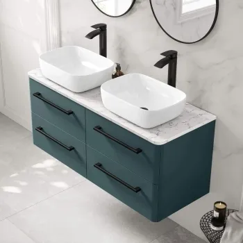 Omaha Mystic Green Wall Hung Drawer Vanity with Marble Top & Curved Counter Top Basin 1200mm - Black Accents