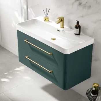 Omaha Mystic Green Wall Hung Basin Drawer Vanity 1000mm - Brushed Brass Accents