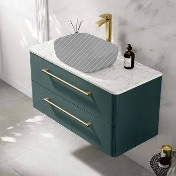 Omaha Mystic Green Wall Hung Drawer Vanity with Marble Top 1000mm (Excludes Counter Top Basin) - Brushed Brass Accents