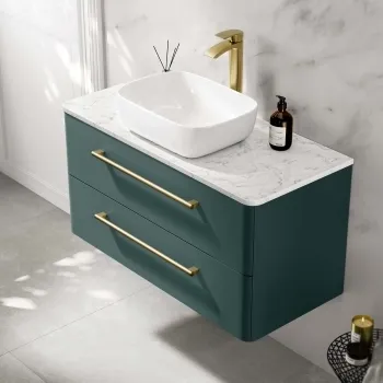 Omaha Mystic Green Wall Hung Drawer Vanity with Marble Top & Curved Counter Top Basin 1000mm - Brushed Brass Accents