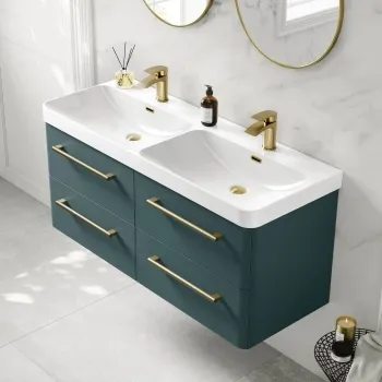 Omaha Mystic Green Wall Hung Double Basin Drawer Vanity 1200mm - Brushed Brass Accents