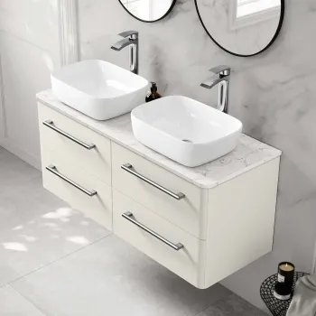 Omaha Linen White Wall Hung Drawer Vanity with Marble Top & Curved Counter Top Basin 1200mm
