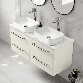 Omaha Linen White Wall Hung Drawer Vanity with Marble Top & Marin Basin 1200mm