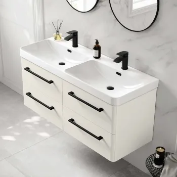 Omaha Linen White Wall Hung Double Basin Drawer Vanity 1200mm - Black Accents