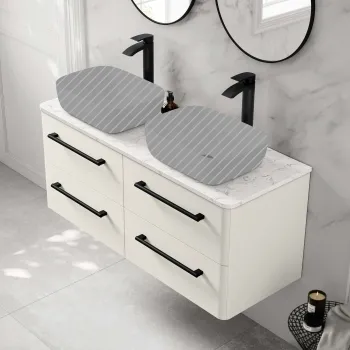 Omaha Linen White Wall Hung Drawer Vanity with Marble Top 1200mm (Excludes Counter Top Basin) - Black Accents