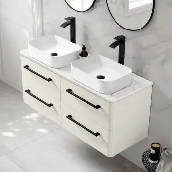Omaha Linen White Wall Hung Drawer Vanity with Marble Top & Marin Basin 1200mm - Black Accents