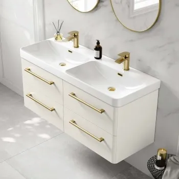 Omaha Linen White Wall Hung Double Basin Drawer Vanity 1200mm - Brushed Brass Accents