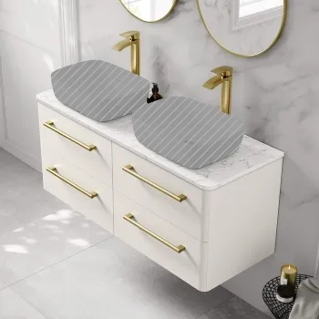 Omaha Linen White Wall Hung Drawer Vanity with Marble Top 1200mm (Excludes Counter Top Basin) - Brushed Brass Accents