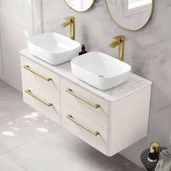 Omaha Linen White Wall Hung Drawer Vanity with Marble Top & Curved Counter Top Basin 1200mm - Brushed Brass Accents