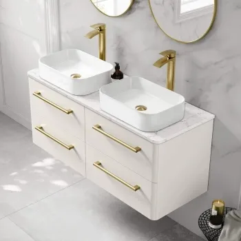 Omaha Linen White Wall Hung Drawer Vanity with Marble Top & Marin Basin 1200mm - Brushed Brass Accents