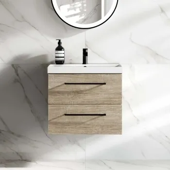 Elba Dawn Oak Wall Hung Basin Drawer Vanity 600mm - Black Accents