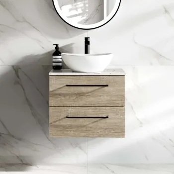Elba Dawn Oak Wall Hung Drawer Vanity with Marble Top & Oval Counter Top Basin 600mm - Black Accents