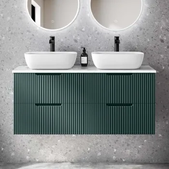 Crete Fluted Mystic Green Double Wall Hung Drawer Vanity with Marble Top & Curved Basin 1200mm