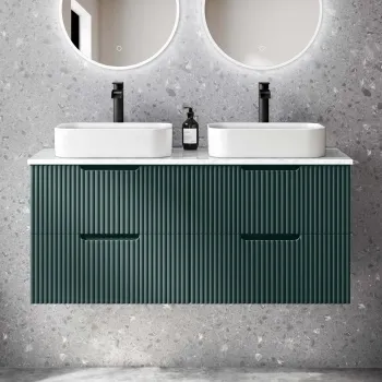 Crete Fluted Mystic Green Double Wall Hung Drawer Vanity with Marble Top & Marin Basin 1200mm