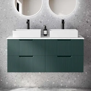 Crete Fluted Mystic Green Double Wall Hung Drawer Vanity with Marble Top & Cody Basin 1200mm