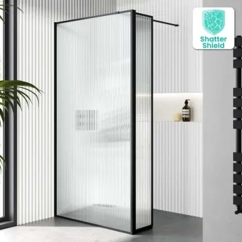 Munich Fluted Effect Matt Black Framed 8mm Wet Room Shower Glass 1000mm & 250mm Pivotal Return Panel
